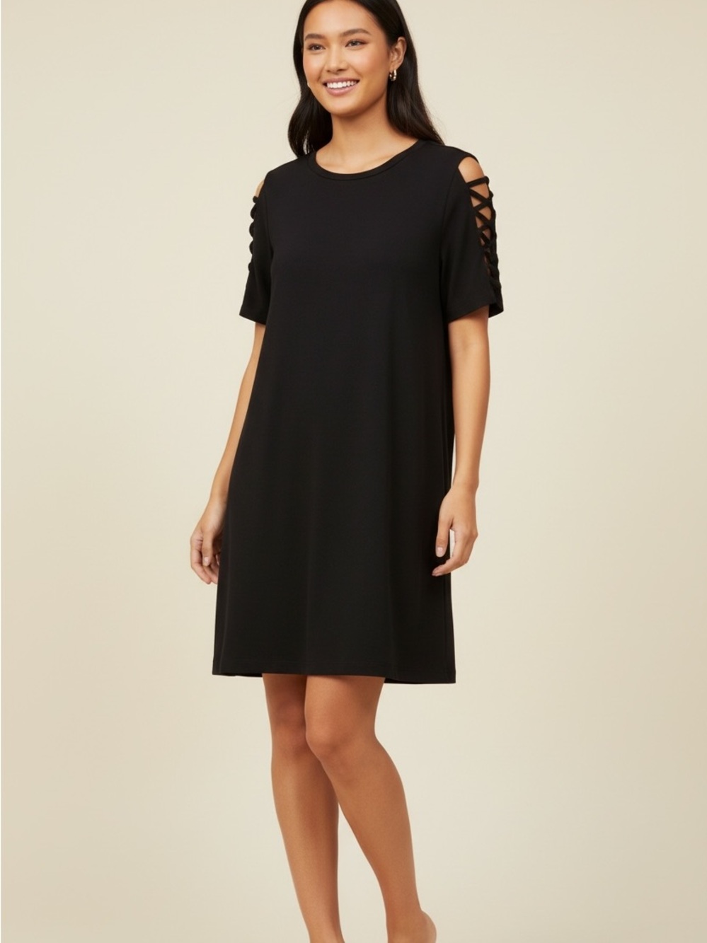 Michael Kors Black Short-Sleeve Tunic with Ladder Sleeve Accents